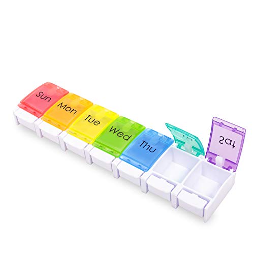 Product Cover Weekly Pill Organizer Travel Portable - Pill Cases Organizers 7 Day, Daily Pill Box Airtight 7 Compartments to Hold Vitamin Fish Oil, Unique Push-Button Pop Open Design (Rainbow) 1-Pack