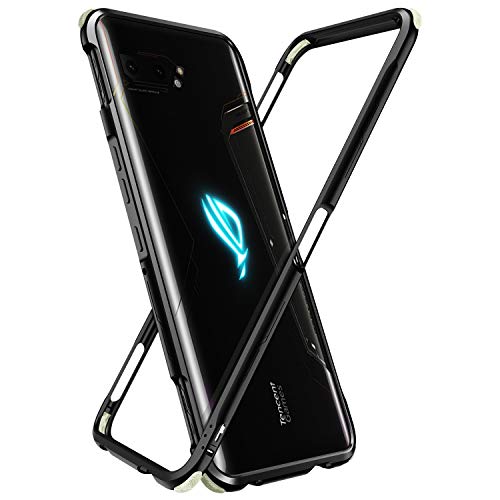 Product Cover MME ASUS ROG 2 Phone Case Bumper Metal Luminous Rubber Corner Shockproof Full Body Protection with Tempered Glass Screen Protector and Anti-Scratch Carbon Fiber Skin Back (Black)