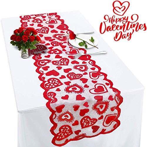 Product Cover Valentines Table Runner Red Heart Print Valentines Day Decorations 13x72 inches Lace Love Table Runner for Home Wedding Party/St Patrick's Day/Mother's Day/Valentines Day Table Decorations