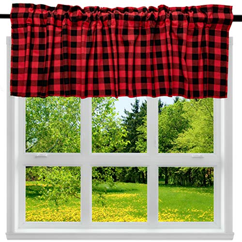 Product Cover 2 Pack Buffalo Check Plaid Cotton Window Valances Red and Black Farmhouse Design Window Treatment Lined Decor Curtains Rod Pocket Valances for Kitchen/Living Room 16