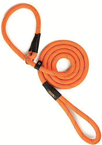 Product Cover Mighty Paw Slip Rope Dog Leash | 6 ft, One-Size-Fits-All, Slip-On Rope Leash. Easy to Slip On, No Collar or Harness Needed. Durable & Weather Resistant Climbers Rope with Reflective Stitching (Orange)
