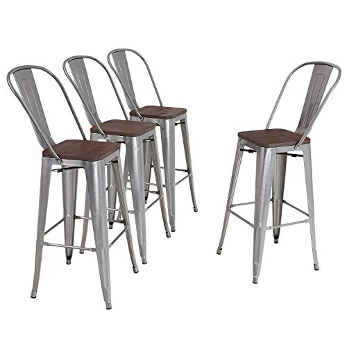 Product Cover ALPHA HOME 30'' High Back Bar Stools with Wood Seat,Vintage Metal Dining Chairs Stackable Industrial Counter Stool Cafe Side Chairs, Glossy Steel