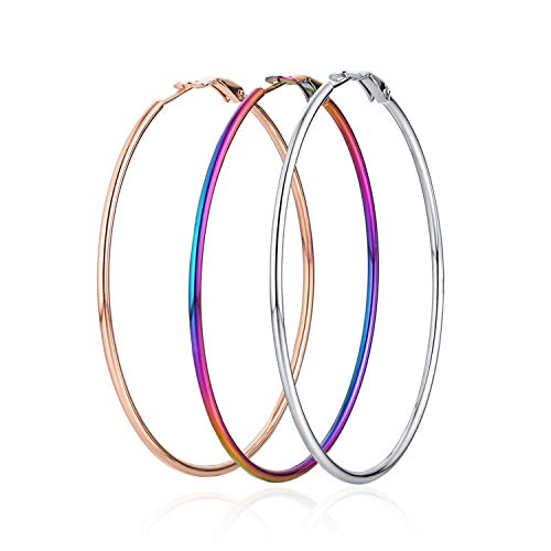 Product Cover DAYHAO Earrings,3 Pairs Big Hoop Earrings,Stainless Steel Hoop Earrings in Colourful Plated Rose Gold Plated Silver,Sensitive Ears for Women Girls (3 Colors Set)