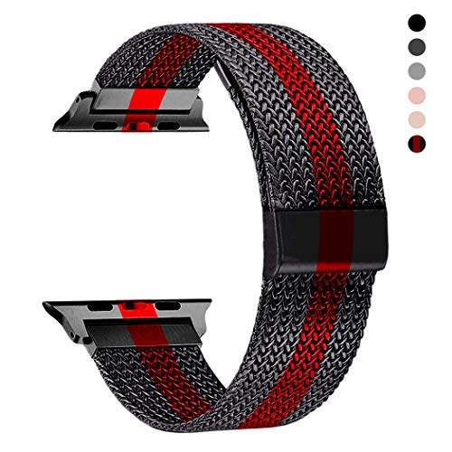 Product Cover RXCOO Compatible for Apple Watch Band 38mm/40mm 42mm/44mm, Stainless Steel Mesh Wristband Loop Magnet Band Compatible with Iwatch Series 5/4/3/2/1 (Black Red, 42mm/44mm)