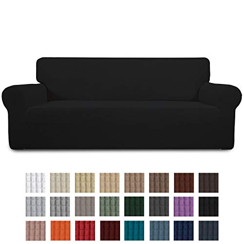 Product Cover Easy-Going Stretch Sofa Slipcover 1-Piece Couch Sofa Cover Furniture Protector Soft with Elastic Bottom for Kids, Spandex Jacquard Fabric Small Checks (Large, Black)