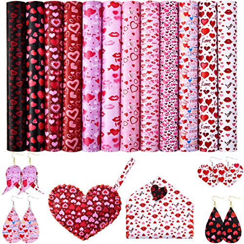 Product Cover 12 Packs Valentine's Day Faux Leather Sheets Decor with Heart Love Pattern Prints and Fabric Canvas Back for Valentine's Day DIY Crafts, 6.3 x 8.3 Inch