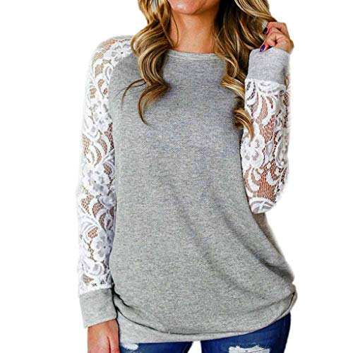 Product Cover Hunauoo Womens Tops Lace Floral Splicing Long Sleeve Blouse Casual Pullover Shirts