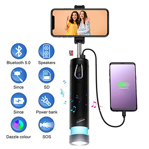 Product Cover 2020 Updated Portable Water Resistant Bluetooth 5.0 Speaker with 2 Sound Modes | 6 Light Colors Changing | 20 Inch Selfie Stick | 5200mAh Power Bank | LED Flashlight | TF Card/Flash Drive Player