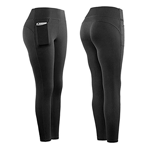 Product Cover CUCUHAM Women Stretch Yoga Leggings Fitness Running Gym Sports Pockets Active Pants(A1-Black ,Large)