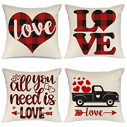 Product Cover AENEY Valentines Day Pillow Covers 18x18 inch Set of 4 for Home Decor Red Black Buffalo Check Heart Love Truck Decor Valentines Day Throw Pillows Decorative Cushion Cases Valentine Decorations A285