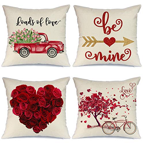 Product Cover AENEY Valentines Day Pillow Covers 18x18 inch Set of 4 for Home Decor Truck Flower Red Heart and Love Bicycle Decor Valentines Day Throw Pillows Decorative Cushion Cases Valentine Decorations A286