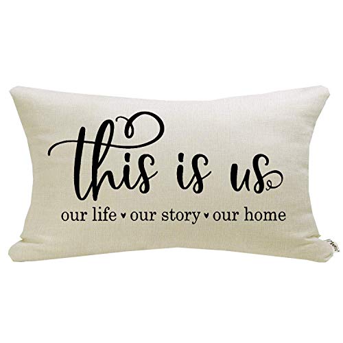 Product Cover Meekio Farmhouse Pillow Covers with This is Us Quote 12 x 20 inch Farmhouse Rustic Décor Lumbar Pillow Covers with Saying Housewarming Gifts Family Room Décor