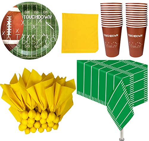 Product Cover Football Themed Party Supplies and Decorations - 24 Party Cups, 24 Paper Dinner Plates, 24 Penalty Flag Paper Napkins, 24 Yellow Paper Napkins, 1 Plastic Tablecloth