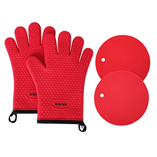 Product Cover Aibrisk Silicone Oven Mitts and Pot Holders,4PCS Thicken Heat Resistant Flexible Non-Slip Surface Cooking Gloves and Potholders Trivet Mats for Safe Oven BBQ Kitchen Counter Hot Dishes or Pans（Red）