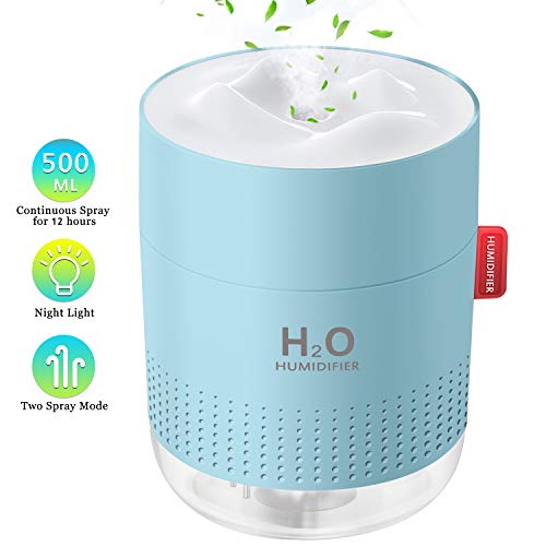 Product Cover 500ml Portable Humidifier, Mini Cool Mist Humidifier with Night Light, USB Personal Humidifier Auto Shut-Off, Ultra-Quiet, 2 Spray Modes, Suitable for Home Baby Bedroom Office Travel (Humidifier Blue)