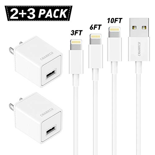 Product Cover CNANKCU iPhone Charger Single USB MFi Certified Cable (3/6/10FT) with 2 Port Wall Charger Adapters (5-Pack) Fast Charging Block Power Plug Compatible with iPhone 11/Pro/Xs Max/X/8 and More-White