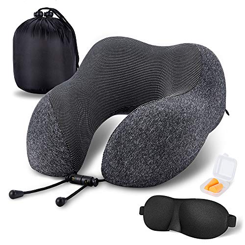 Product Cover MLVOC Travel Pillow 100% Pure Memory Foam Neck Pillow, Comfortable & Breathable Cover, Machine Washable, Airplane Travel Kit with 3D Contoured Eye Masks, Earplugs, and Luxury Bag, Standard (Black)