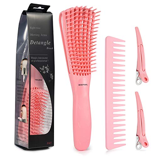 Product Cover BESTOOL Original Detangler Brush Set, Detangling Brush & Comb for Defining Natural Curly Hair, Detangle Wet or Dry Afro 3a to 4c Texture, with 2 Hair Clips (Pink)