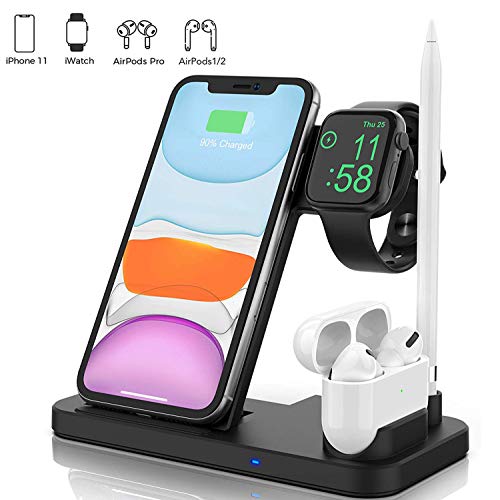 Product Cover Wireless Charger, POWLAKEN 4 in 1 Wireless Charging Station for Apple Watch, Airpods, Magnetic 10W Wireless Fast Charging Stand for iPhone 11/11 Pro Max/X/XS/XR/Xs Max/8/8 Plus and Other Qi Phones