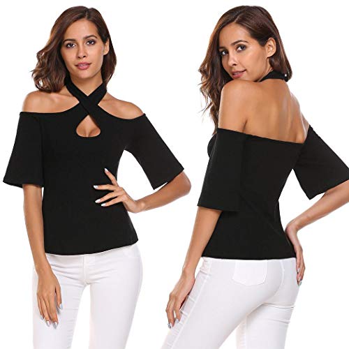 Product Cover FANALA Women Flare Sleeve Halter Cold Shoulder T-Shirt Solid Slim Club Casual Tops Blouses
