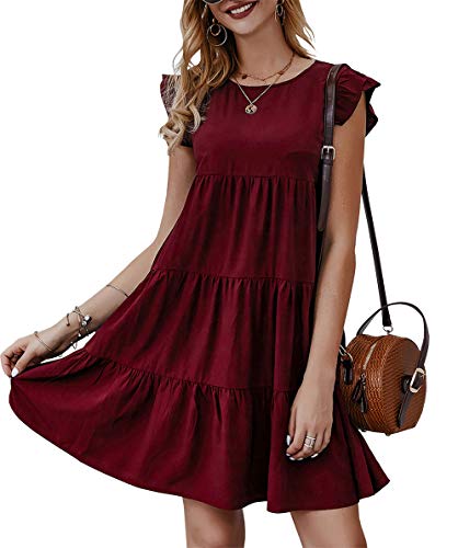 Product Cover KIRUNDO Women's Summer Mini Dress Sleeveless Ruffle Sleeve Round Neck Solid Color Loose Fit Short Flowy Pleated Dress