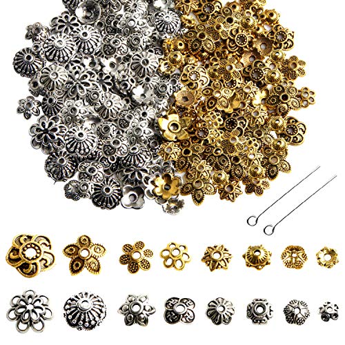 Product Cover Jewelry Making Metal Bead Caps - 160 Pcs Bali Style Mixed Tibetan Silver Gold Bead Caps Spacers Flower Jewelry Findings Accessories for Bracelet Necklace Jewelry Making