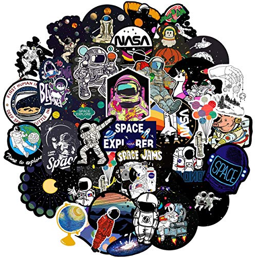 Product Cover NASA Cute Vsco Stickers 50 Pack - Space Explorer Spacecraft Universe Planet Black Vinyl Sticker for Laptops Hydro Flask Water Bottle Travel Phone Skateboard Car Bumper, Spaceman Decals for Kids Teens