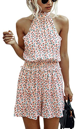 Product Cover Angashion Women's Rompers - Summer Floral Ruffle Halter Neck Sleeveless Elastic Waist Romper Shorts Jumpsuit