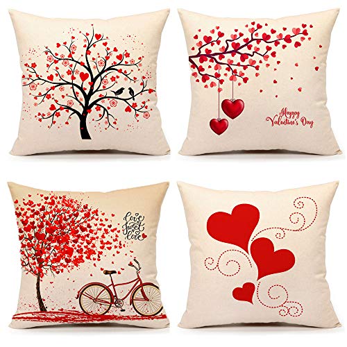 Product Cover 4TH Emotion Valentine's Day Throw Pillow Cover Red Sweet Bird Cushion Case for Sofa Couch 18 x 18 Inches Cotton Linen Set of 4