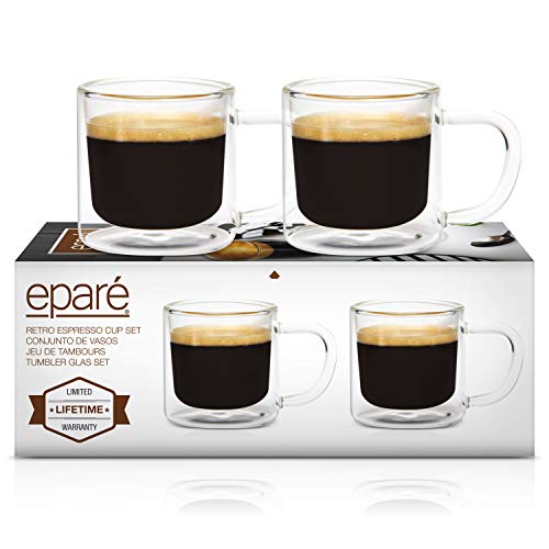 Product Cover Eparé Retro Espresso Cups - Set of 2 Clear Mugs - 4oz Double Walled Demitasse - Lungo Cappuccino Macciato Shot Glasses