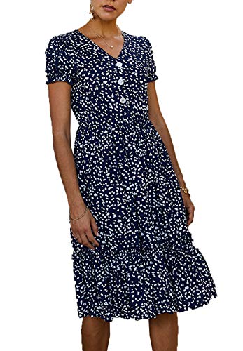 Product Cover Women's Bohemian Floral V Neck Button Down Short Sleeve Ruffle Swing Summer Pleated A Line Dress (Navy, Medium)