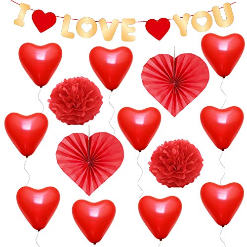 Product Cover Valentines Day Party Decorations Set - Pack of 15, I Love You Garland Banner, Heart Paper Fans, Paper Pom Poms, Red Heart Latex Balloons, Great for Valentines Décor and Anniversary Backdrop