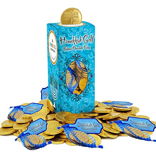 Product Cover Hanukkah Chocolate Gelt Gold Coins In Mesh Bag, Belgian Milk Chocolate Coins, 1LB, OU-D Kosher Gelt (24 Mesh Bags, 5 Coins Per Bag)