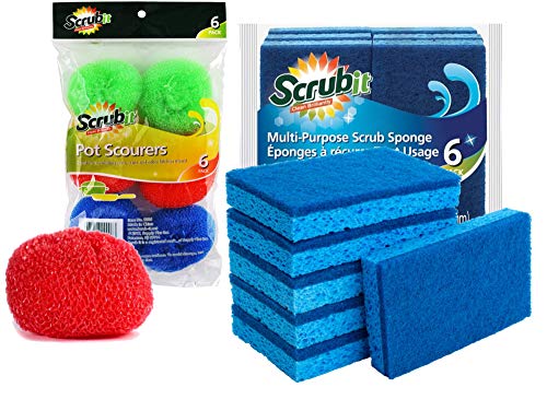 Product Cover Dish Cleaning Set by SCRUBIT - 6 Cellulose Scrub Sponges and 6 Non-Scratch Round Nylon Scour Pads - Use Scrubbing Sponge for Kitchen & Bathroom - Tough and Durable Scrubber Pad for Non-Stick Cookware