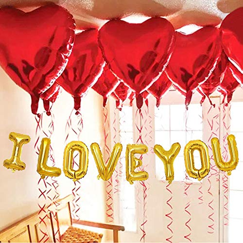 Product Cover Valentines Day Balloons I LOVE YOU Balloons and Heart Balloons Kit, 28 PCS Valentines Day Decorations for Party, Valentines Balloons Set - Pack of 20 Foil Red Heart Shaped Balloons 18 Inch + 8 Alphabets Foil Balloons