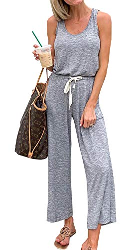 Product Cover PRETTYGARDEN Women's Casual Solid Sleeveless Jumpsuit Crewneck Drawstring Waist Stretchy Long Pants Romper with Pockets