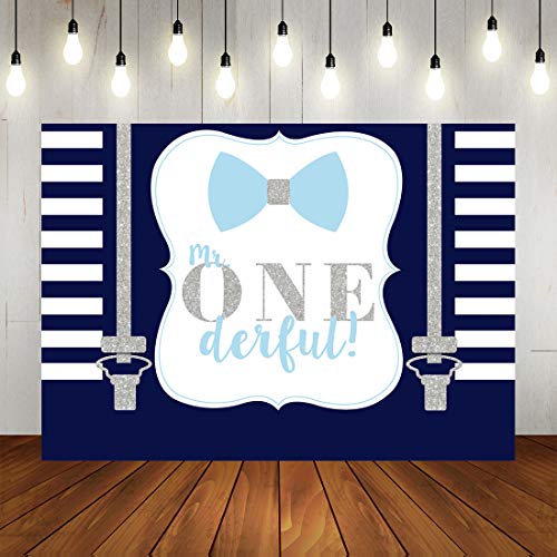 Product Cover Little Boy Happy 1st Birthday Backdrop Mr Onederful Theme Photography Background Blue White Stripes Silver Tie 1st Birthday Party Decorations Supplies Photo Studio Props 7x5ft