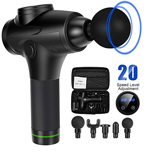 Product Cover Massage Gun for Athletes Quiet 20 Speed Technology Body Deep Muscle Percussion Massager for Pain Relief 6 Heads with High Intensity Vibration Cordless Rechargeable Handheld