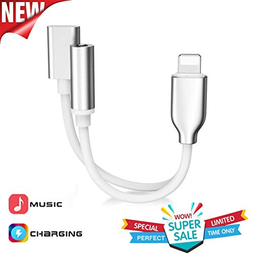 Product Cover Headphones Adapter to 3.5mm Dongle Headphone Connector Adapter AUX Audio Jack Stereo Car Charger for Phone 7/X/XS/XR/8/8Plus 2 in 1 Cable Charging and Music Compatible Support for IOS11/12