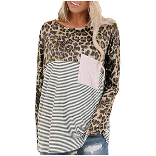 Product Cover Women Leopard Stripes Stitching Tops Round Neck Front Pocket Tunic Shirts Loose Fitting Blouses Tees