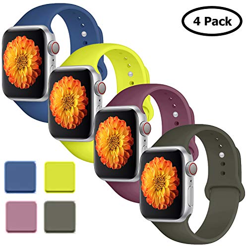 Product Cover Misker 4 Pack Sport Band Compatible with for Apple Watch Band 38mm 40mm 42mm 44mm, Soft Silicone Sport Strap Compatible with iWatch Series 5 4 3 2 1