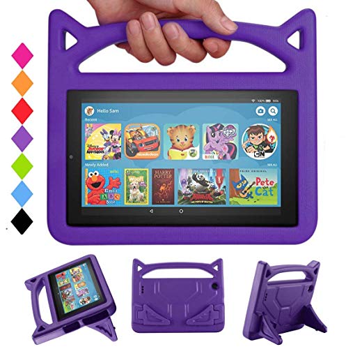 Product Cover All-New 7 Tablet Case for Kids-SHERBORN Kids Shockproof Foam [Kids Friendly] Case with Stand Cat Ear Handle Kids Cover for 7 Tablet (Compatible with 9th Generation 2019 & 7th Generation 2017)-Purple