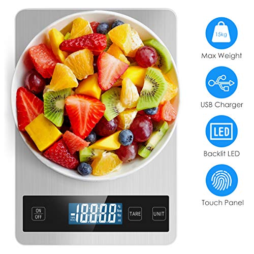 Product Cover SuperNicer Tempered Glass Rechargeable Kitchen Scale, 15KG and 5 Units LCD Display Household Multifunction Electronic Digital Scale, Stainless Steel Food Scale for Cooking Baking