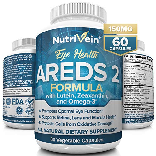 Product Cover Nutrivein AREDS 2 Eye Vitamins - Supports Eye Strain, Dry Eyes - Award Winning Lutein and Zeaxanthin Plus Bilberry Extract - All-Natural Eye Health Booster Supplement for Adults, Kids, Men and Women