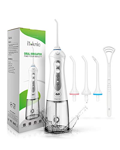 Product Cover Water Flosser Teeth Cleaner, iTeknic Professional Cordless Dental Oral Irrigator 300ML Portable and Rechargeable IPX7 Waterproof 3 Modes Water Flossing with 5 Jet Tips for Home and Travel- Grey