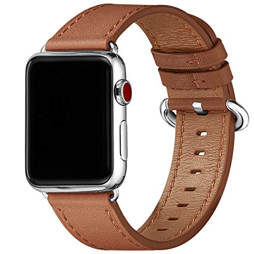 Product Cover OMIU Leather Bands Compatible for Apple Watch 38mm 40mm 42mm 44mm, Genuine Leather Replacement Band Compatible with Apple Watch Series 5/4/3/2/1 Edition (Brown/Silver, 38mm 40mm)