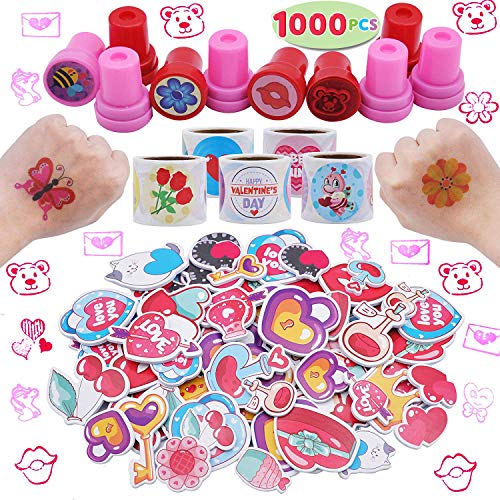 Product Cover JOYIN 1000+ Valentine Day Hearts Arts and Crafts Party Favor Supplies Accessories (Stickers, Tattoos, Stampers) for Valentine's School Classroom Rewards Prizes, Exchange Gifts