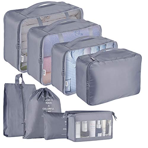 Product Cover Packing Cubes 8-Pcs Travel Organizer Accessories with Shoe Bag &Underwear Bag & Laundry Bag and Toiletry (Gray)