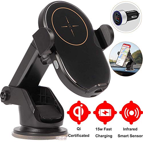 Product Cover Wireless Car Charger Mount Holder - aiworth 15W Qi Fast Charging Auto-Clamping Car Mount, Windshield Car Phone Holder and QC3.1 Car Charger Compatible with iPhone X/Xs MAX/XS/XR/8,Samsung S10/S10+/S9+
