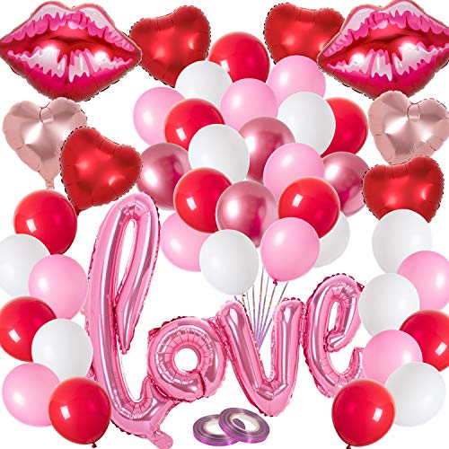 Product Cover Whaline Valentine's Day Pink Love Balloons Set, Includes Love Foil Balloon, Lip Balloons,Heart Foil Balloons, Latex Balloons and Pink Ribbons, Wedding Bridal Shower Engagement Party Decor (43 Pack)